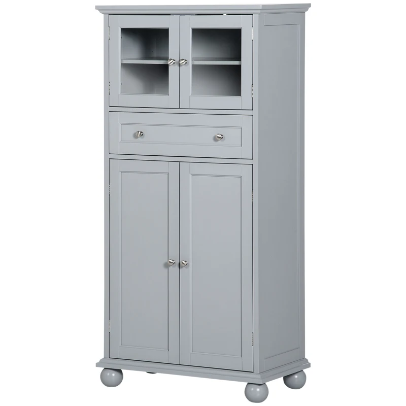HOMCOM 52" Traditional Kitchen Pantry, Floor Storage Cabinet, Small Cupboard Organizer with Adjustable Shelves and 4-Doors for Dining Room, Living Room, Grey