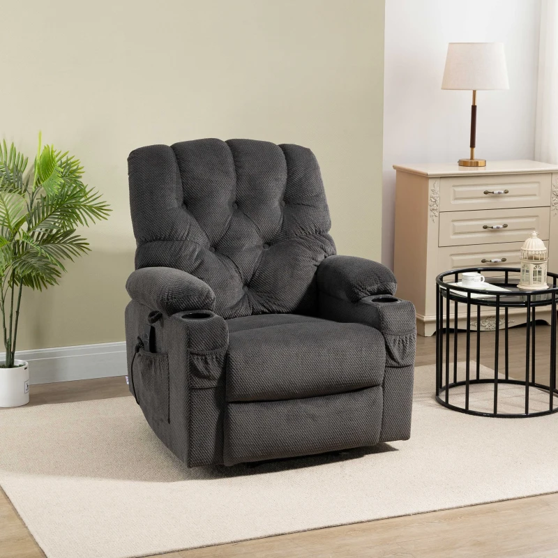 HOMCOM Power Lift Chair, Fabric Tufted Recliner Sofa Chair for Elderly with Cup Holders, Remote Control, and Side Pockets, Dark Grey