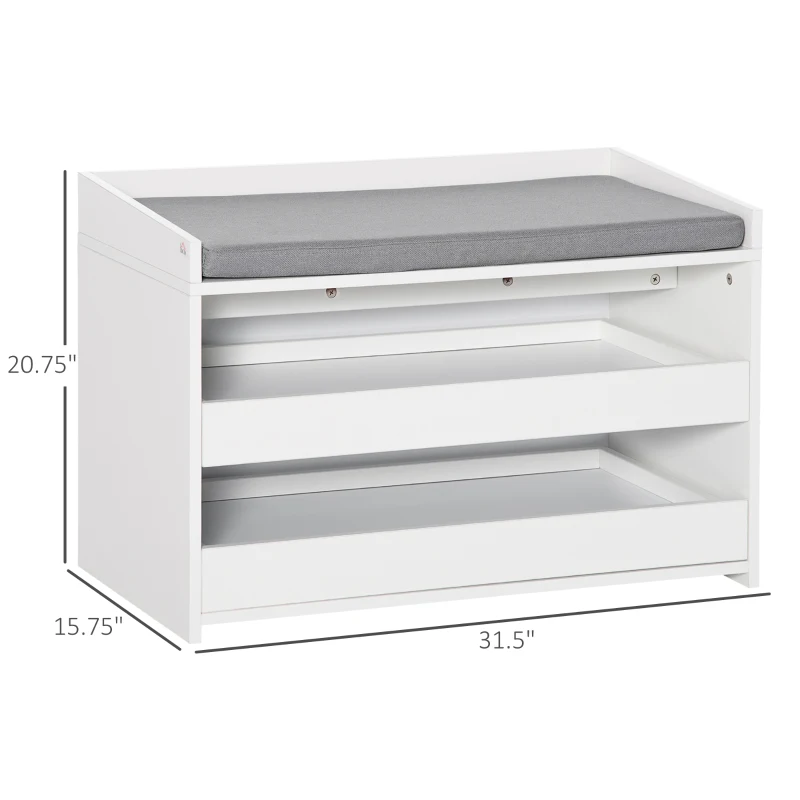HOMCOM Shoe Bench, Storage Bench with Pull-out Shelves, Seat Cushion for Entryway, Living Room, Bedroom, White