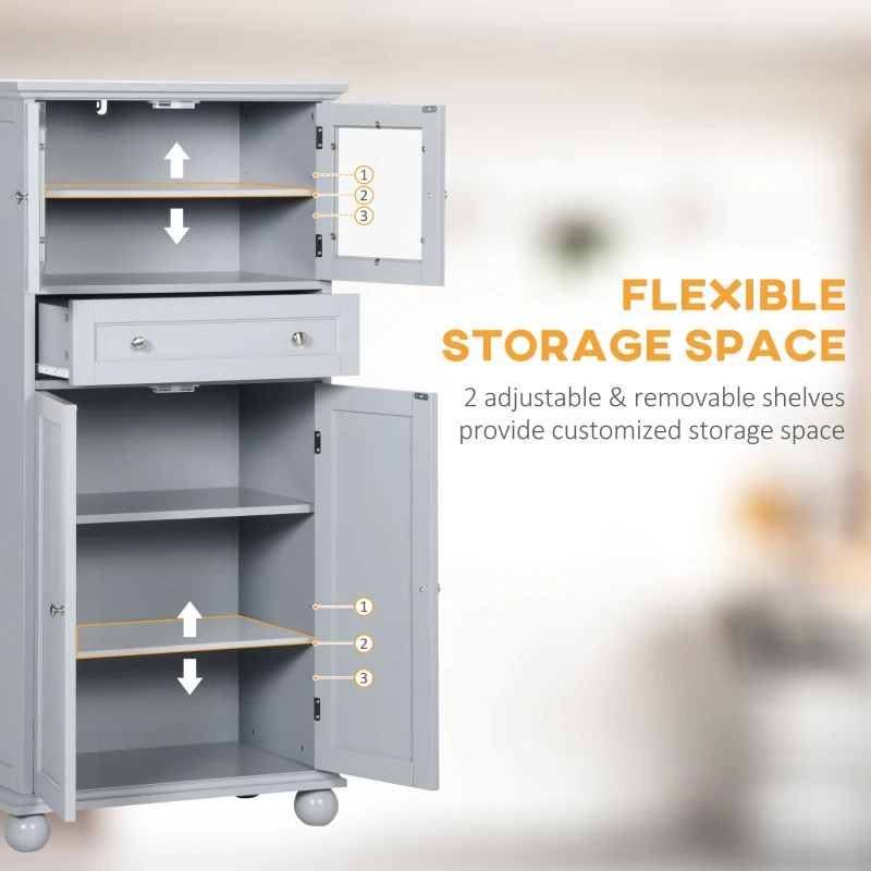 HOMCOM 52" Traditional Kitchen Pantry, Floor Storage Cabinet, Small Cupboard Organizer with Adjustable Shelves and 4-Doors for Dining Room, Living Room, Grey
