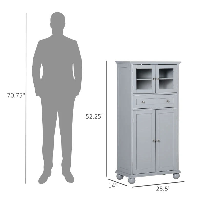 HOMCOM 52" Traditional Kitchen Pantry, Floor Storage Cabinet, Small Cupboard Organizer with Adjustable Shelves and 4-Doors for Dining Room, Living Room, Grey