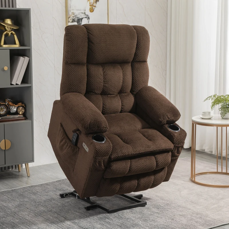 HOMCOM Power Lift Chair, Fabric Upholstered Recliner for Elderly with USB Ports, Cup Holders, Remote Control, and Side Pockets, Brown