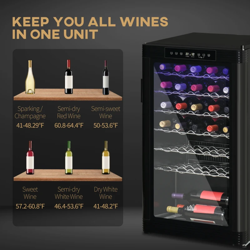 HOMCOM 33 Bottle Wine Cooler, Mini Beverage Fridge, Freestanding Wine Cellar with Digital Temperature Control, 6 Removable Shelves, Glass Door, Alarm Function and LED Lighting, Black