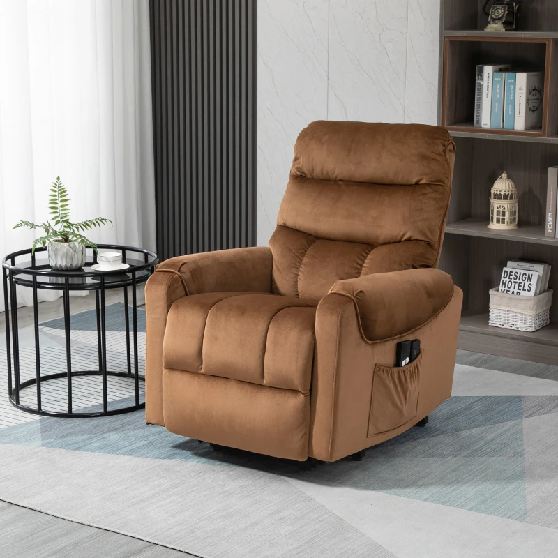 HOMCOM Power Lift Chair, Velvet Touch Upholstered Recliner Chair for Elderly with Vibration Massage, Remote Control, Side Pockets, Brown