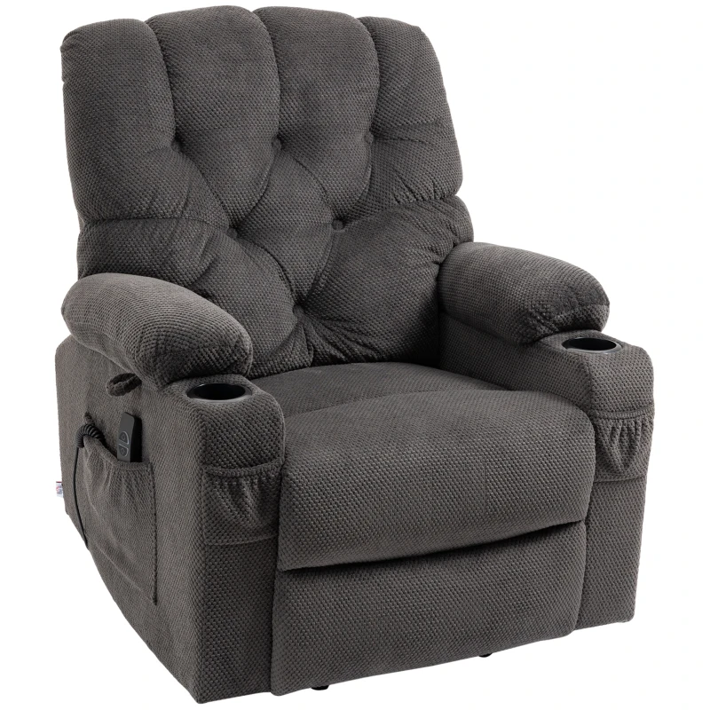 HOMCOM Power Lift Chair, Fabric Tufted Recliner Sofa Chair for Elderly with Cup Holders, Remote Control, and Side Pockets, Dark Grey