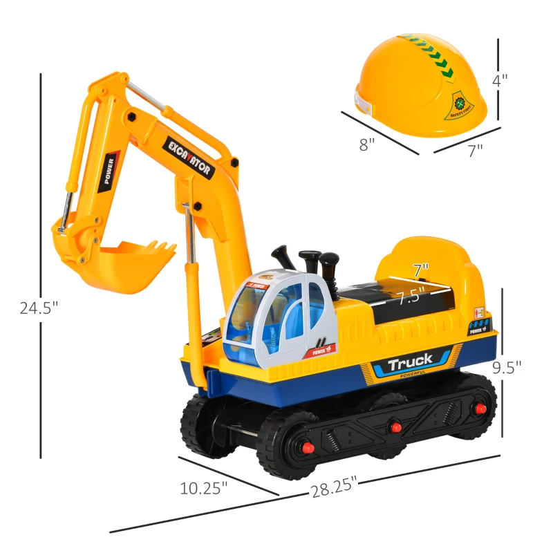 Qaba No Power Construction Ride on Excavator Digger Bulldozer Toy 80° Rotation w/ Electric Controllable Digging Bucket Safety Helmet for Ages 2-3 Years Old Yellow
