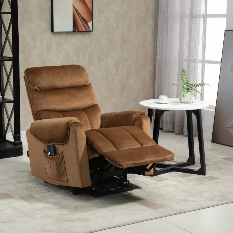 HOMCOM Power Lift Chair, Velvet Touch Upholstered Recliner Chair for Elderly with Vibration Massage, Remote Control, Side Pockets, Brown