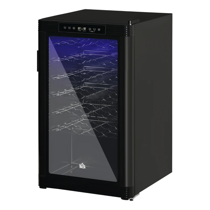 HOMCOM 33 Bottle Wine Cooler, Mini Beverage Fridge, Freestanding Wine Cellar with Digital Temperature Control, 6 Removable Shelves, Glass Door, Alarm Function and LED Lighting, Black