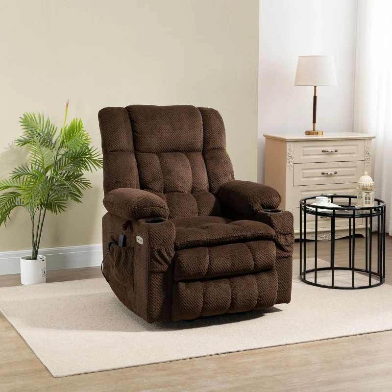 HOMCOM Power Lift Chair, Fabric Upholstered Recliner for Elderly with USB Ports, Cup Holders, Remote Control, and Side Pockets, Brown