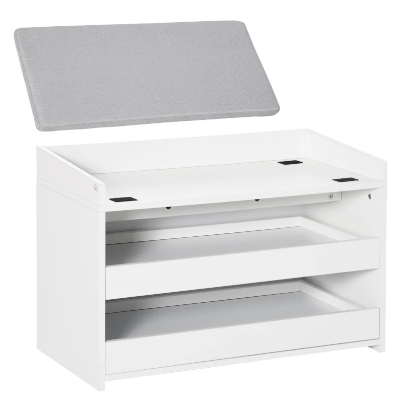 HOMCOM Shoe Bench, Storage Bench with Pull-out Shelves, Seat Cushion for Entryway, Living Room, Bedroom, White