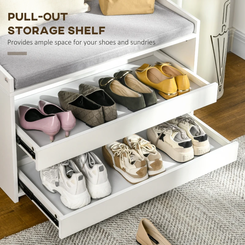 HOMCOM Shoe Bench, Storage Bench with Pull-out Shelves, Seat Cushion for Entryway, Living Room, Bedroom, White