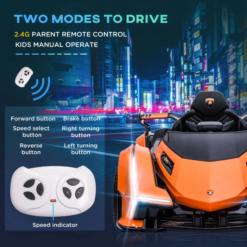 Aosom Kids Ride On Sports Car, 12V Battery Powered Electric Toy w/Parent Remote Control, Horn, Music & LED Headlights Taillights for 3-6 Years Old Orange