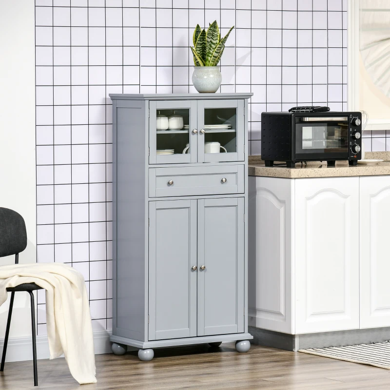 HOMCOM 52" Traditional Kitchen Pantry, Floor Storage Cabinet, Small Cupboard Organizer with Adjustable Shelves and 4-Doors for Dining Room, Living Room, Grey