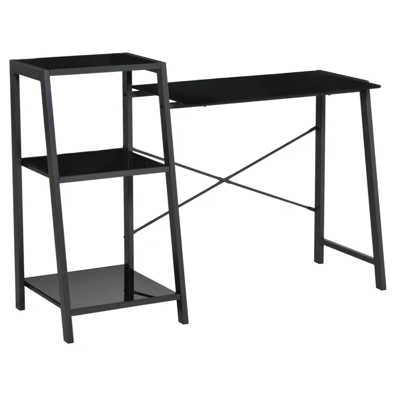 HOMCOM Computer Desk with Storage, Study Table with 3-Tier Shelves, Tempered Glass Top, Metal Frame, Home Office Workstation for Small Space, Black