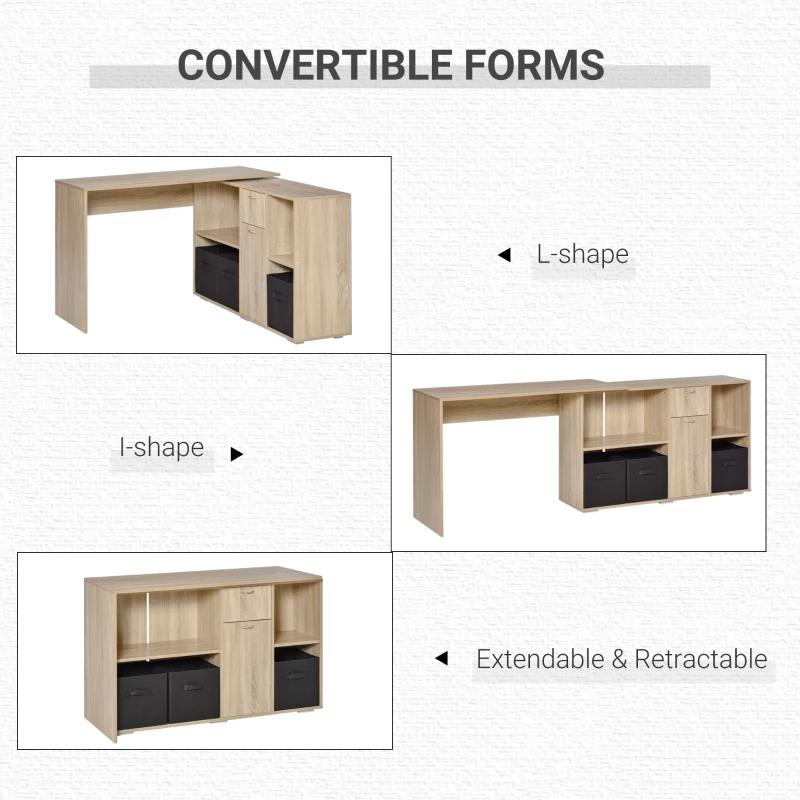 HOMCOM Convertible L-Shaped Computer Desk, Corner Table wth 3 Fabric Storage Boxes, Retractable Home Office Desk, Oak