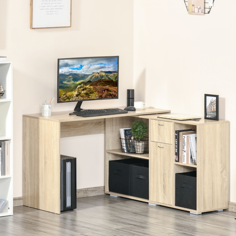 HOMCOM Convertable L-shape Computer Desk Home Office Table with Storage Shelf Drawer Cabinet Oak