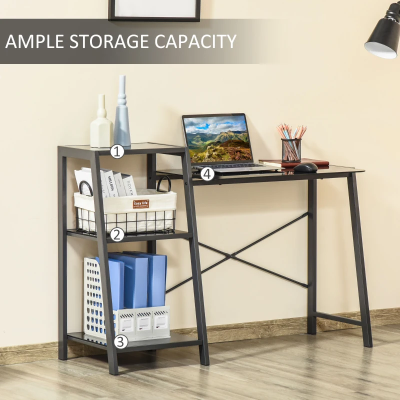 HOMCOM Computer Desk with Storage, Study Table with 3-Tier Shelves, Tempered Glass Top, Metal Frame, Home Office Workstation for Small Space, Black