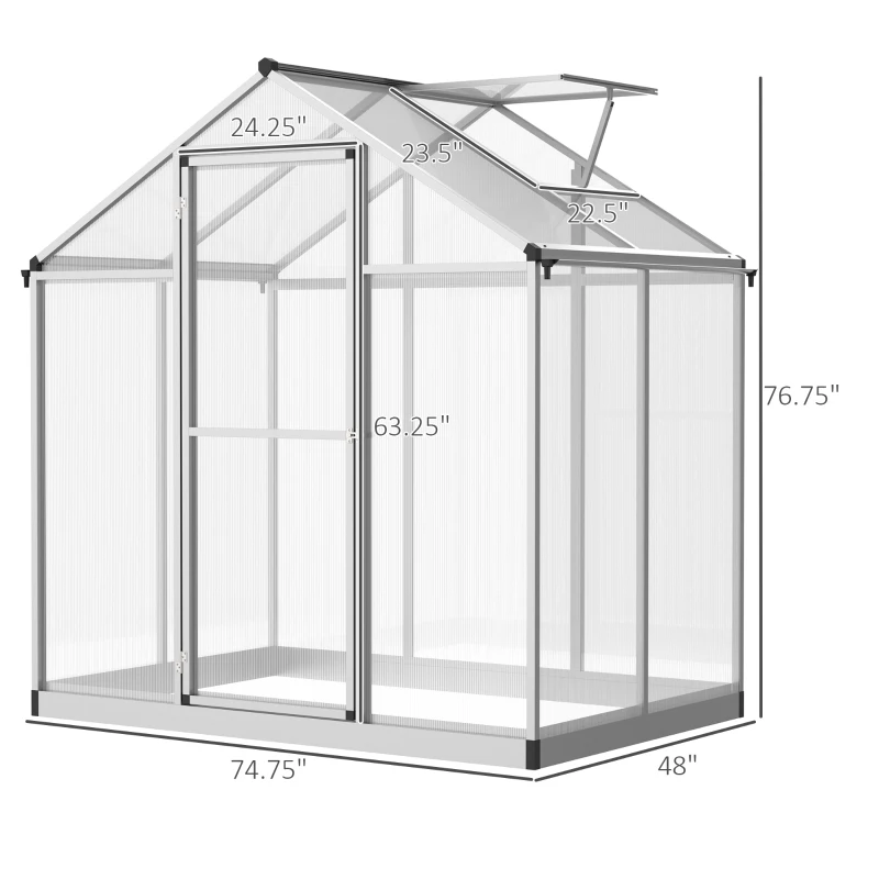 Outsunny 4' L x 6' W Walk-In Polycarbonate Greenhouse with Roof Vent,Greenhouse for Winter