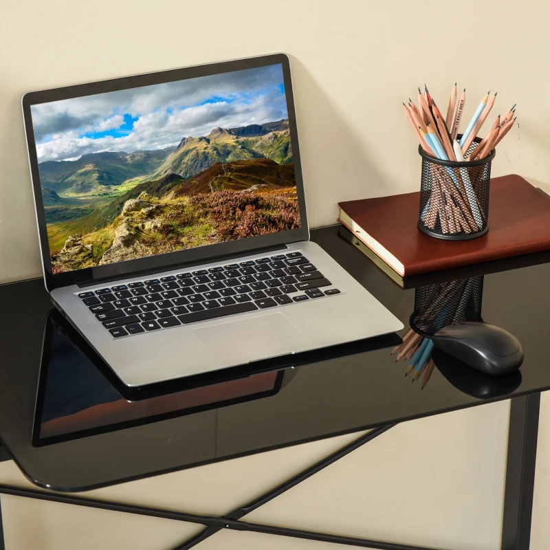 HOMCOM Computer Desk with Storage, Study Table with 3-Tier Shelves, Tempered Glass Top, Metal Frame, Home Office Workstation for Small Space, Black