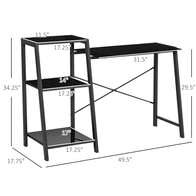 HOMCOM Computer Desk with Storage, Study Table with 3-Tier Shelves, Tempered Glass Top, Metal Frame, Home Office Workstation for Small Space, Black