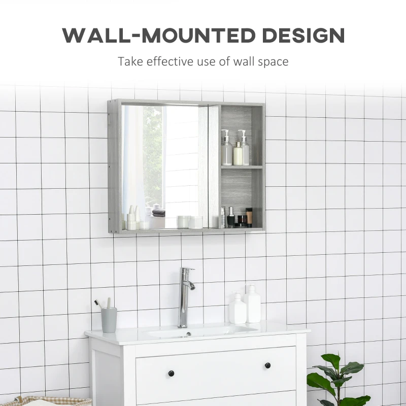 kleankin 31.5 Inch x 25.5 Inch Medicine Cabinet with Mirror, 2-Tier Storage Shelf, Wall Mounted Bathroom Mirror Cabinet, Gray