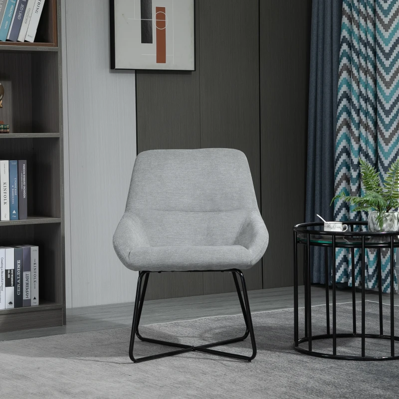HOMCOM Modern Accent Chair Leisure Fabric Mid Back Chair Livingroom Funiture with X-Shaped Metal Frame and Curved Back, Grey/Black