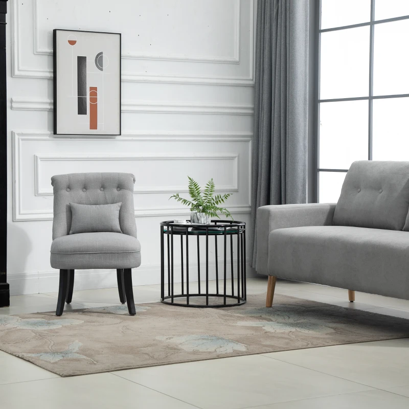 HOMCOM Small Button-Tufted Accent Chair Mid-Back Leisure Armchair with Upholstered Fabric, Solid Wood Legs, and Support Pillow, Grey