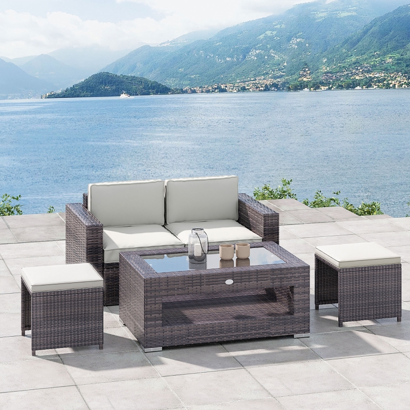 Outsunny 2-Tier Rattan Patio Coffee Table Outdoor Side Table PE Wicker Patio Garden Tea End Desk with Tempered Glass Top & Storage for Balcony, Backyard, Poolside