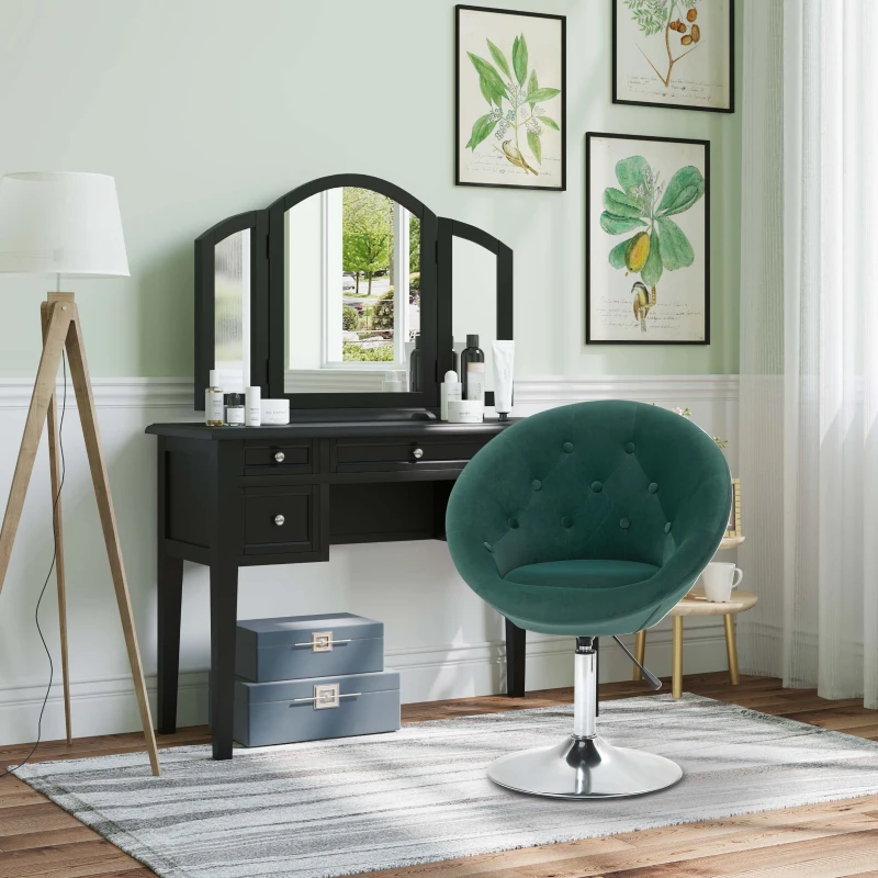 HOMCOM Modern Makeup Vanity Chair Round Tufted Swivel Accent Chair with Chrome Frame Height Adjustable for Living Room, Bedroom Green