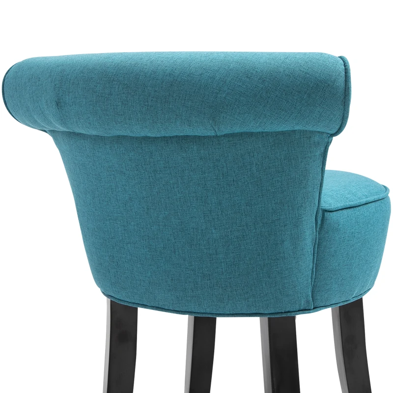 HOMCOM Upholstered Linen Vanity Stool with Curved Thick Padded Backrest, Rubberwood Legs, and Footpads, Blue