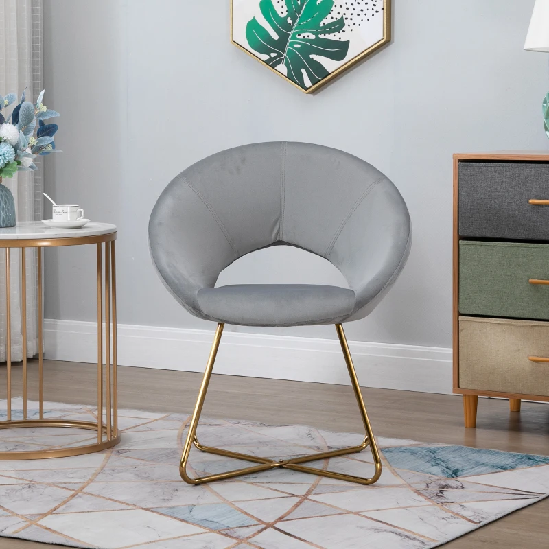 HOMCOM Modern Accent Velvet Chair Open Curved Mid-Back Upholstered Vanity Chair with Gold Plating Metal Legs for Living Room/Office/Reception Grey