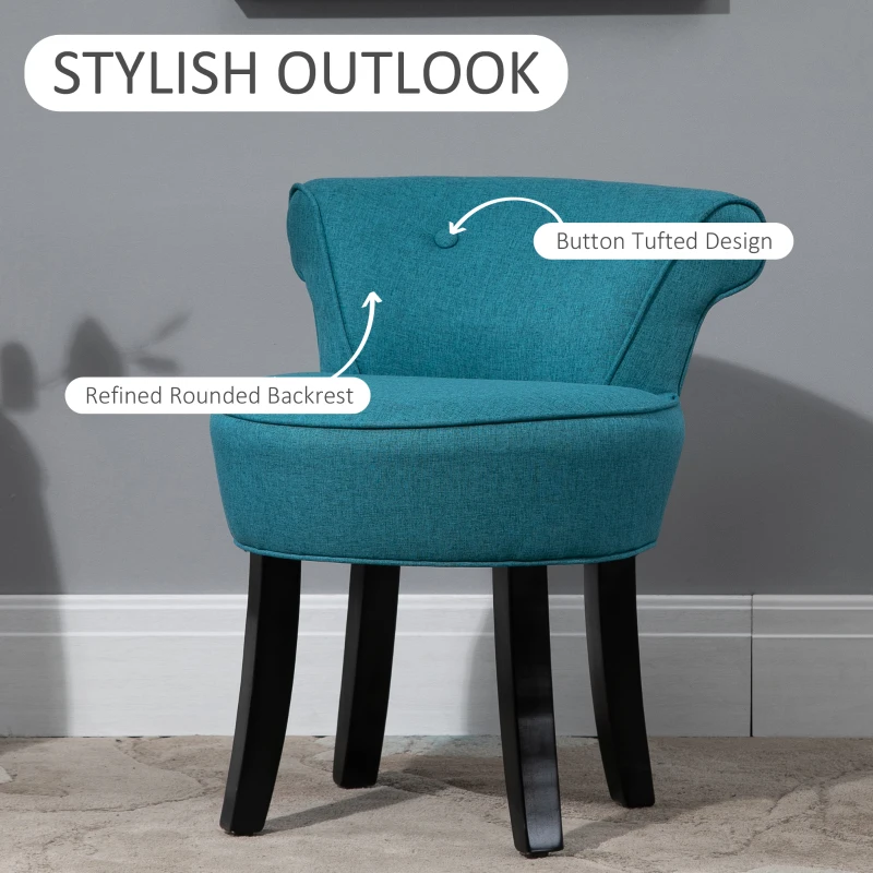 HOMCOM Upholstered Linen Vanity Stool with Curved Thick Padded Backrest, Rubberwood Legs, and Footpads, Blue