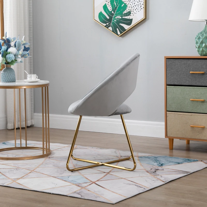 HOMCOM Modern Accent Velvet Chair Open Curved Mid-Back Upholstered Vanity Chair with Gold Plating Metal Legs for Living Room/Office/Reception Grey