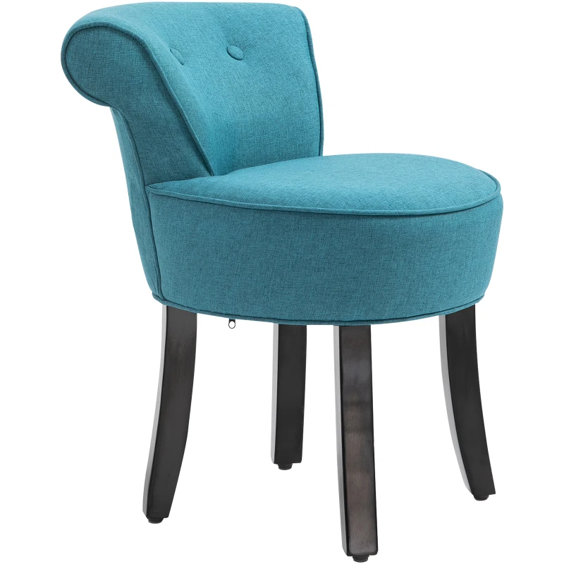 HOMCOM Upholstered Linen Vanity Stool with Curved Thick Padded Backrest, Rubberwood Legs, and Footpads, Blue