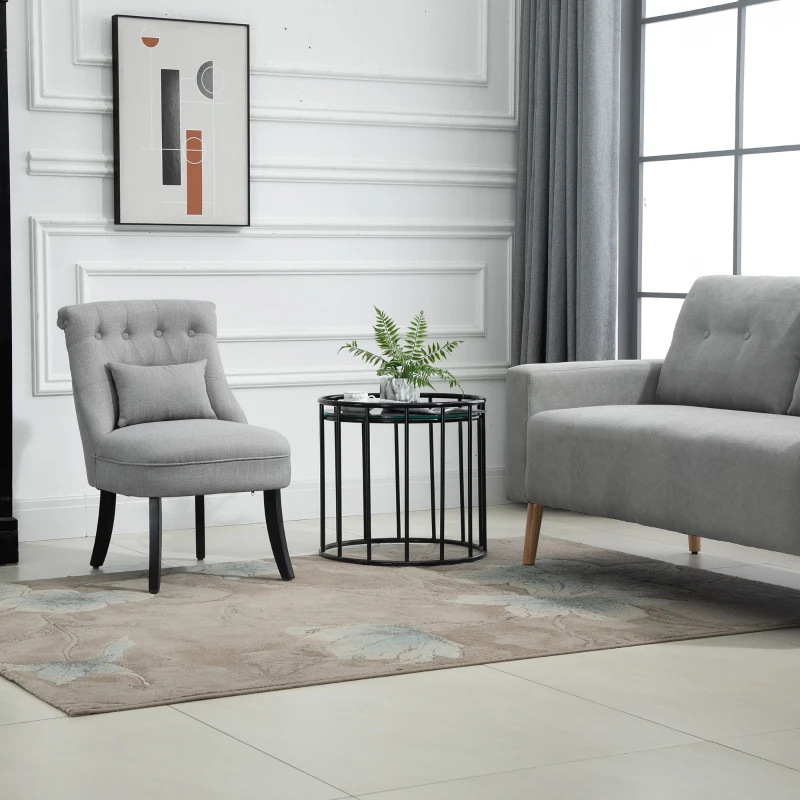 HOMCOM Small Button-Tufted Accent Chair Mid-Back Leisure Armchair with Upholstered Fabric, Solid Wood Legs, and Support Pillow, Grey