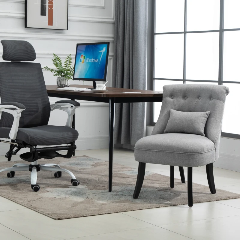 HOMCOM Small Button-Tufted Accent Chair Mid-Back Leisure Armchair with Upholstered Fabric, Solid Wood Legs, and Support Pillow, Grey