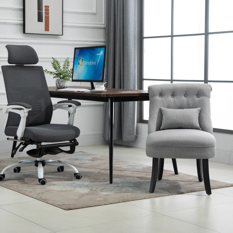 HOMCOM Small Button-Tufted Accent Chair Mid-Back Leisure Armchair with Upholstered Fabric, Solid Wood Legs, and Support Pillow, Grey