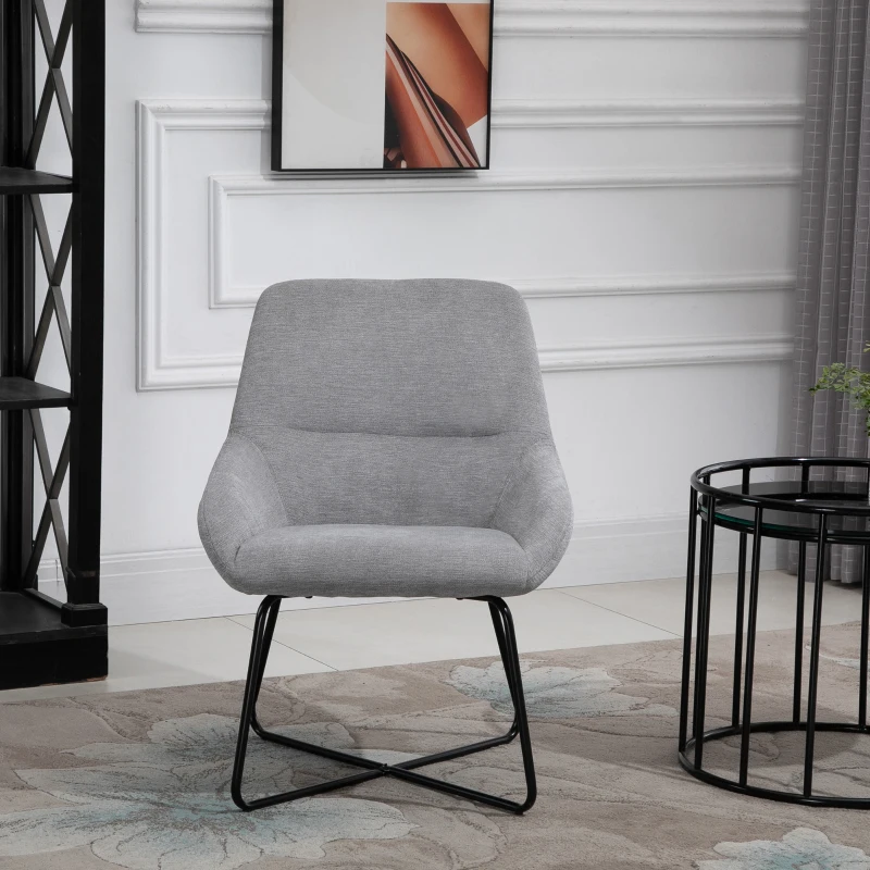 HOMCOM Modern Accent Chair Leisure Fabric Mid Back Chair Livingroom Funiture with X-Shaped Metal Frame and Curved Back, Grey/Black