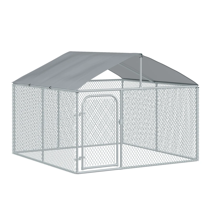 PawHut 7.5'Lx7.5'Wx5.6'H Large Outdoor Dog Kennel Playpen Galvanized Pet Exercise House Cage with Canopy Roof, Silver