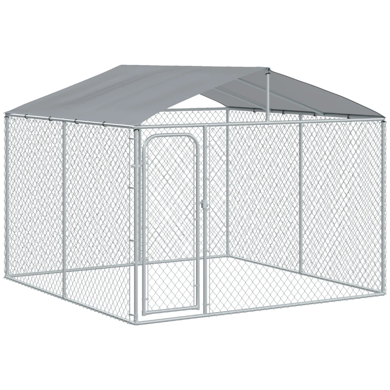 PawHut 10'Lx10'Wx6'H Large Outdoor Dog Kennel Playpen Galvanized Pet Exercise House Cage with Canopy Roof, Silver