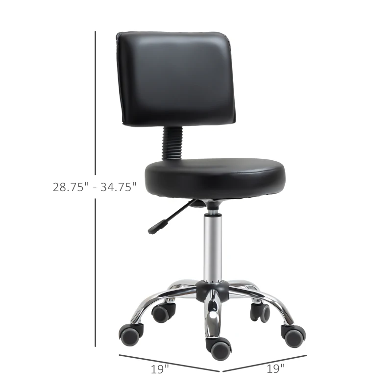 HOMCOM Rolling Swivel Salon Stool Chair with Mid Back and PU Leather, Height Adjustable Massage Medical Spa Stool for Beauty, Tattoo and Clinic, Black