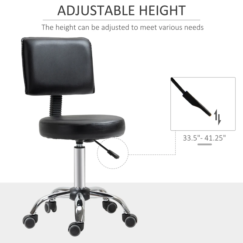 HOMCOM Rolling Swivel Salon Stool Chair with Mid Back and PU Leather, Height Adjustable Massage Medical Spa Stool for Beauty, Tattoo and Clinic, Black