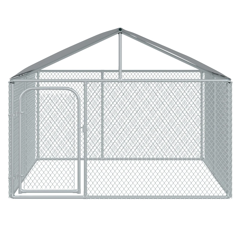 PawHut 7.5'Lx7.5'Wx5.6'H Large Outdoor Dog Kennel Playpen Galvanized Pet Exercise House Cage with Canopy Roof, Silver