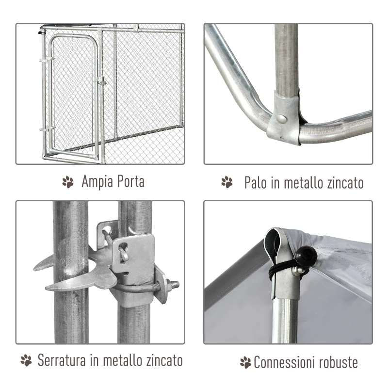 PawHut 7.5'Lx7.5'Wx5.6'H Large Outdoor Dog Kennel Playpen Galvanized Pet Exercise House Cage with Canopy Roof, Silver