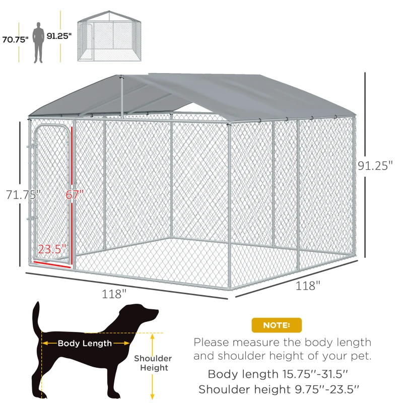 PawHut 10'Lx10'Wx6'H Large Outdoor Dog Kennel Playpen Galvanized Pet Exercise House Cage with Canopy Roof, Silver