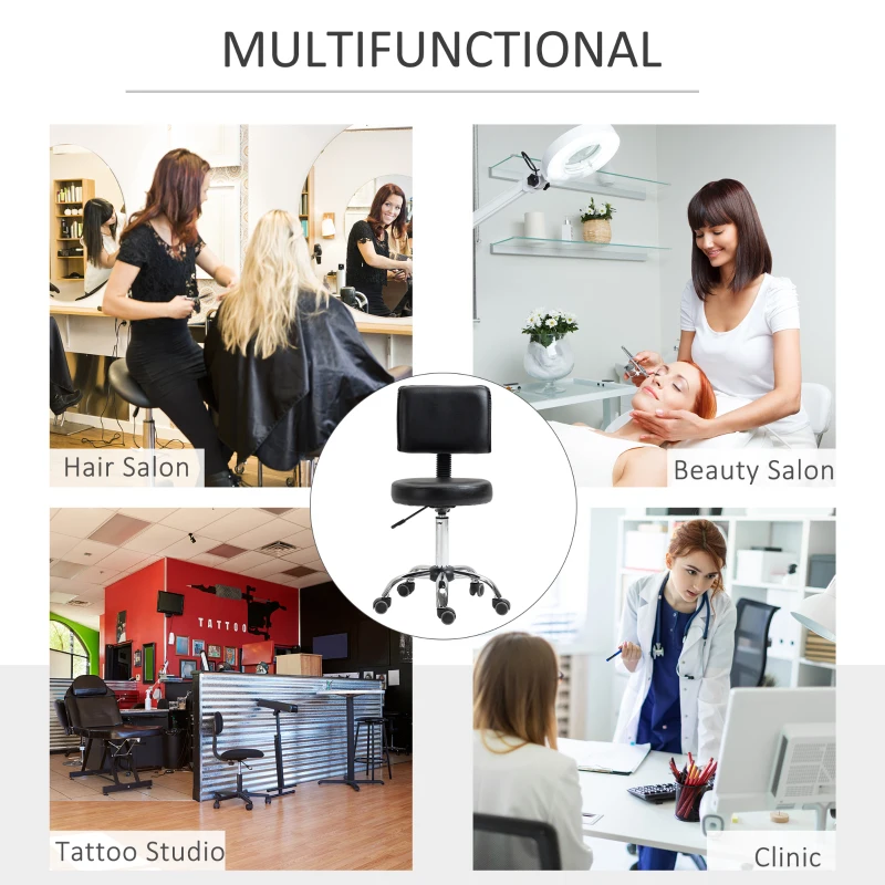 HOMCOM Rolling Swivel Salon Stool Chair with Mid Back and PU Leather, Height Adjustable Massage Medical Spa Stool for Beauty, Tattoo and Clinic, Black