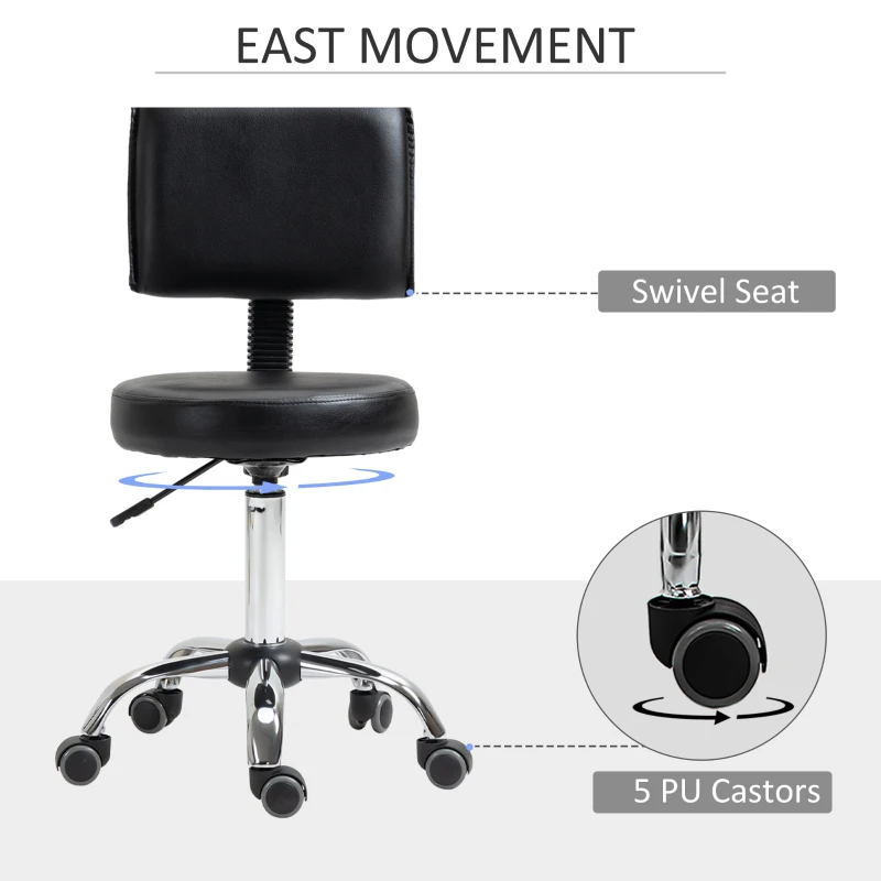 HOMCOM Rolling Swivel Salon Stool Chair with Mid Back and PU Leather, Height Adjustable Massage Medical Spa Stool for Beauty, Tattoo and Clinic, Black