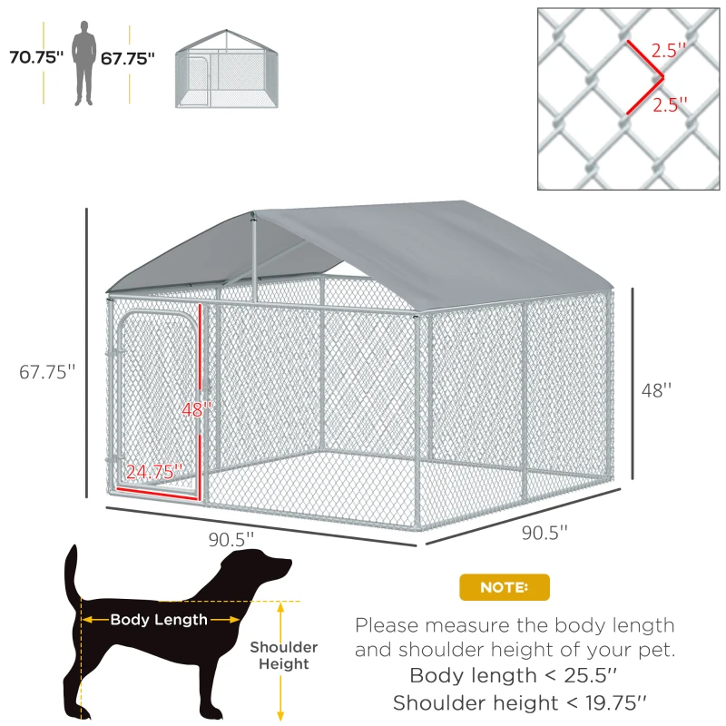 PawHut 7.5'Lx7.5'Wx5.6'H Large Outdoor Dog Kennel Playpen Galvanized Pet Exercise House Cage with Canopy Roof, Silver