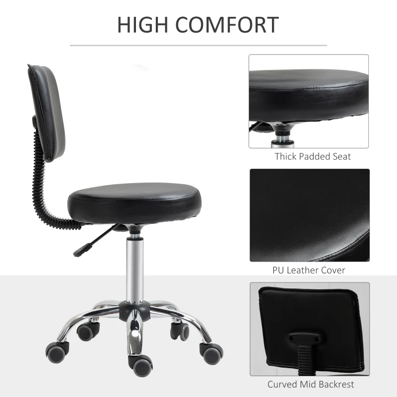 HOMCOM Rolling Swivel Salon Stool Chair with Mid Back and PU Leather, Height Adjustable Massage Medical Spa Stool for Beauty, Tattoo and Clinic, Black