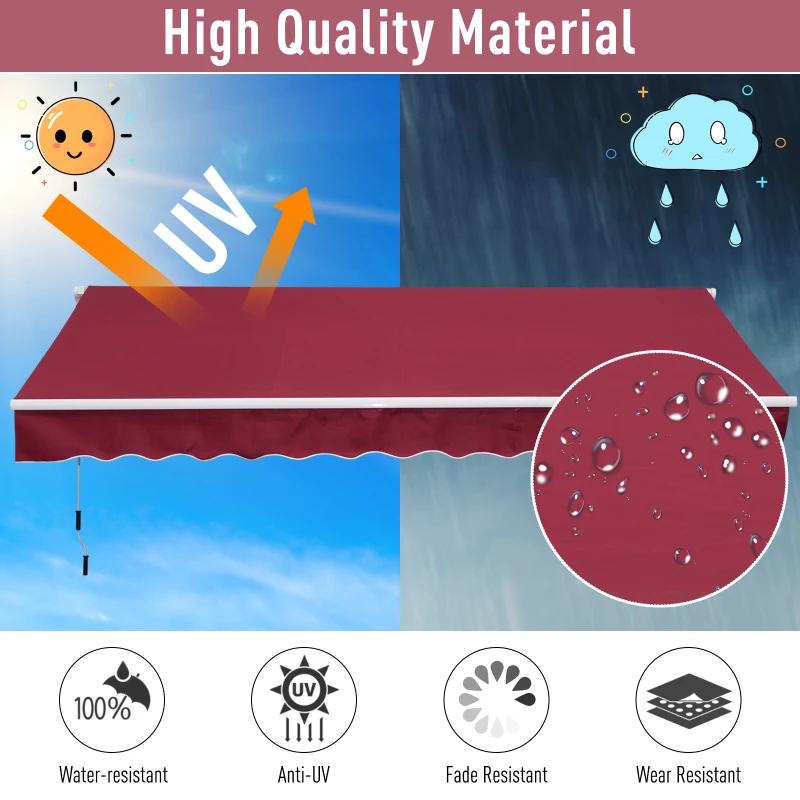 Outsunny 12' x 8' Retractable Awning Patio Awnings Sun Shade Shelter with Manual Crank Handle, 280g/m² UV & Water-Resistant Fabric and Aluminum Frame for Deck, Balcony, Yard, Wine Red